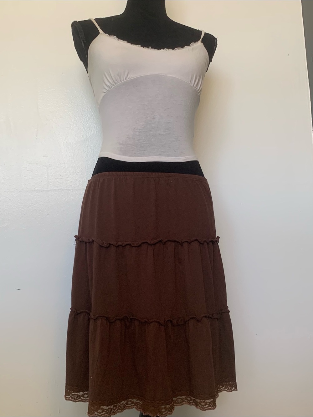 Cache sequin Brown Tiered Midi Skirt with Lace Hem